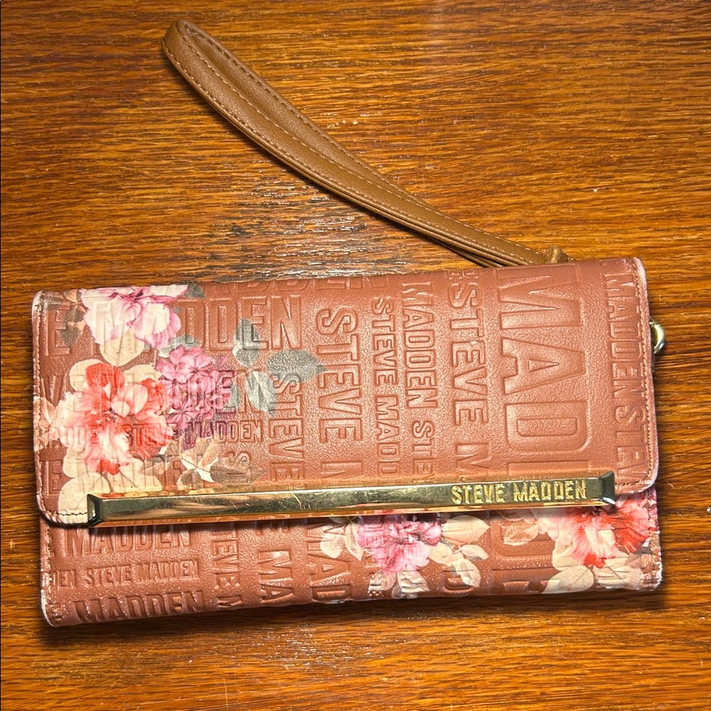 Steve Madden Logo Bar Embossed Floral Cognac Trifold Clutch/Wristlet